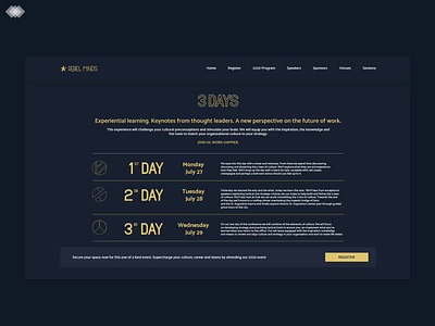 Rebel Minds - Landing page art deco blue dark gold landing page video website