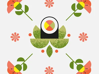 Pattern with sushi and flowers art design flat flowers food icons illustration japanese art japanese food nature pattern pattern design retro sushi texture vector