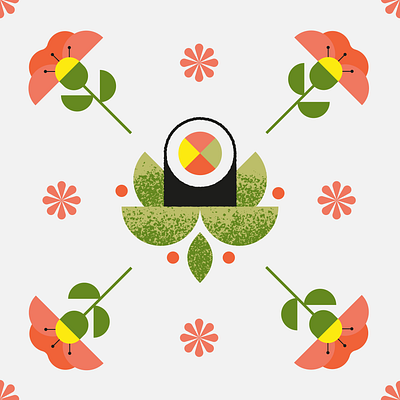 Pattern with sushi and flowers art design flat flowers food icons illustration japanese art japanese food nature pattern pattern design retro sushi texture vector