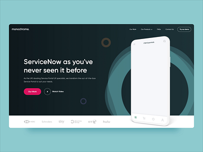 Monochrome ServiceNow Microsite Hero animation app banner hero phone servicenow ui