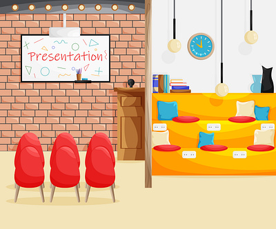 Interior of co-working space with a meeting area and single work background brick wall cartoon co working concept coworking design flat flat design freelance furniture group illustration interior meeting room presentation single vector workplace workspace