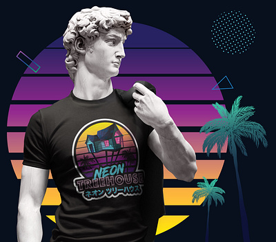 Neon Treehouse T-shirt adobe illustrator adobe photoshop apparel branded clothes collage colorful corporate graphic design neon print retro retrowave statue tshirt