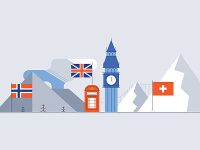 Countries alps big ben countries design england eu european union illustration mountain norway stylized swiss switzerland telephone booth uk