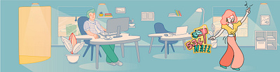 Office Day check colorful computer dancing illustration line mail man office patterns relax vector work