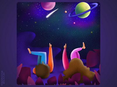 My @dribbble Weekly Warm Up ~Wanna watch wonders with you~ design illustration procreate starry night valentine illustration