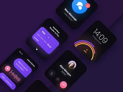 Watch screens app application card chat clean colors dark design gradient minimal mobile notification payment phone round shadow ui ux watch watchos