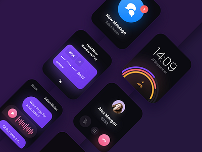 Watch screens app application card chat clean colors dark design gradient minimal mobile notification payment phone round shadow ui ux watch watchos