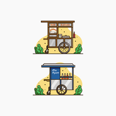 Mie Bakso vs Mie Ayam 😋 flat food cart gerobak illustration indonesia vector