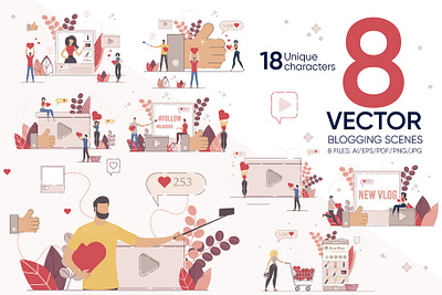 Blogging Vector Scenes article banner blog blogger business concept content creative digital education flat illustration internet media post social technology vector video web