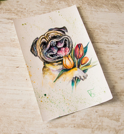 dog with the tulips, watercolor postcard apparel drawing hand painted illustration paint painting style