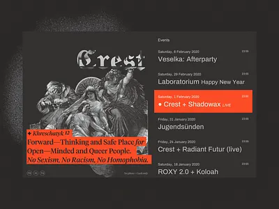Crest black concept events grid illustration noise text typography ui web