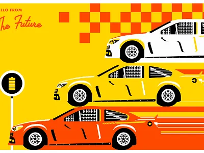 Postcard from the Future - "Nascard" cars checker design fiction electric vehicles finish line fusion energy future illustration nascar postcards from the future racing stock car racing stock cars stripes