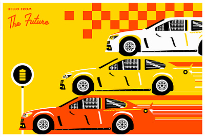 Postcard from the Future - "Nascard" cars checker design fiction electric vehicles finish line fusion energy future illustration nascar postcards from the future racing stock car racing stock cars stripes