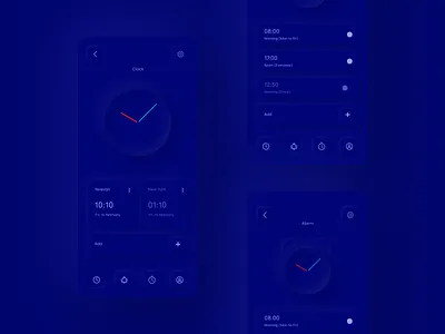 Skeuomorphic Clock App Dark alarm alarm clock app application blue clock design mobile neomorphism skeuomorphism stopwatch app timer app ux