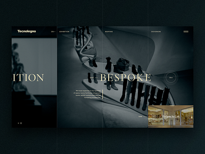 Split screen home page bespoke branding case design exhibition fullscreen homepage minimal splitscreen stripes typography ui website wood