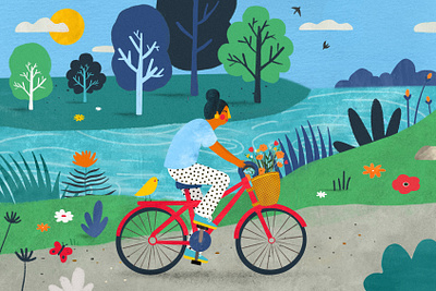 A little ride ❤️ balade bike female character illustration illustration art illustrator kids illustration lanscape paysage plant illustration vélo