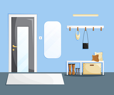 Home hallway interior with door, mirror, furniture, clothes rack aisle anteroom background cartoon corridor design entrance flat flat design furniture grey hall hallway home house household housekeeping illustration interior lobby