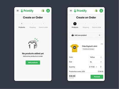 Create an Order 📦 checkout color ecommerce ecommerce app mobile app mobile design mobile ui print on demand printify quantity size t shirt