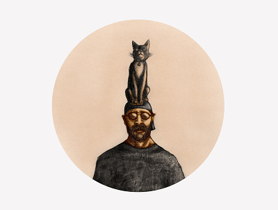 Thinking like a cat badge beard cat concept art dude glasses hat illustration profile tomcat