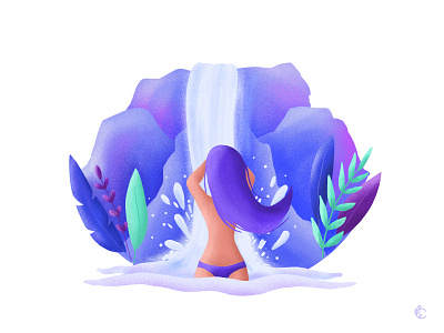 Waterfall blue brush character characterdesign design drawing flat flat design girl illustration minimal photoshop pink plants purple rocks water waterfall woman
