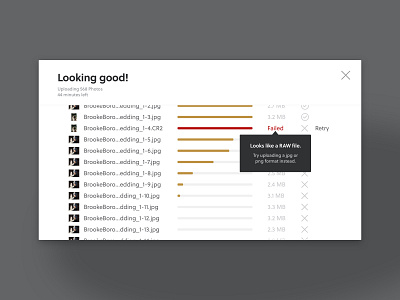 👆🏼 Upload In Progress cancel close failed photo pop up progress progressbar raw retry row upload file uploader