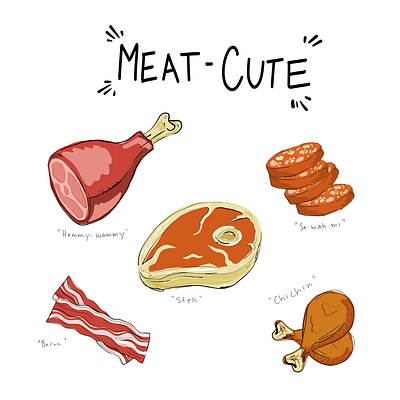 Cute Meat Meet-Cute bacon chicken wings cute funny ham illustraor illustration jokes lol meat meats meet cute salami steak valentine valentine day valentines day valentines day card