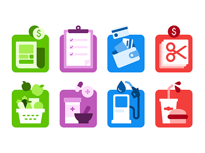 eCommerce Illustrations advertisment basket burger card clipboard colorful coupon design ecommerce food gas grocery icons illustration medicine newspaper pharmacy soda store wallet