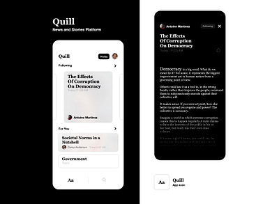 Quill app app design concepts dark mode design icon minimal mobile ui newspaper ui uiux ux writing