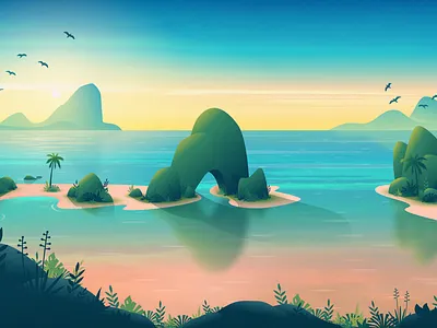 Tropical Escape Wallpaper background beach birds illustration island landscape mountains nature plants sunrise tropical