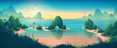 Tropical Escape Wallpaper background beach birds illustration island landscape mountains nature plants sunrise tropical