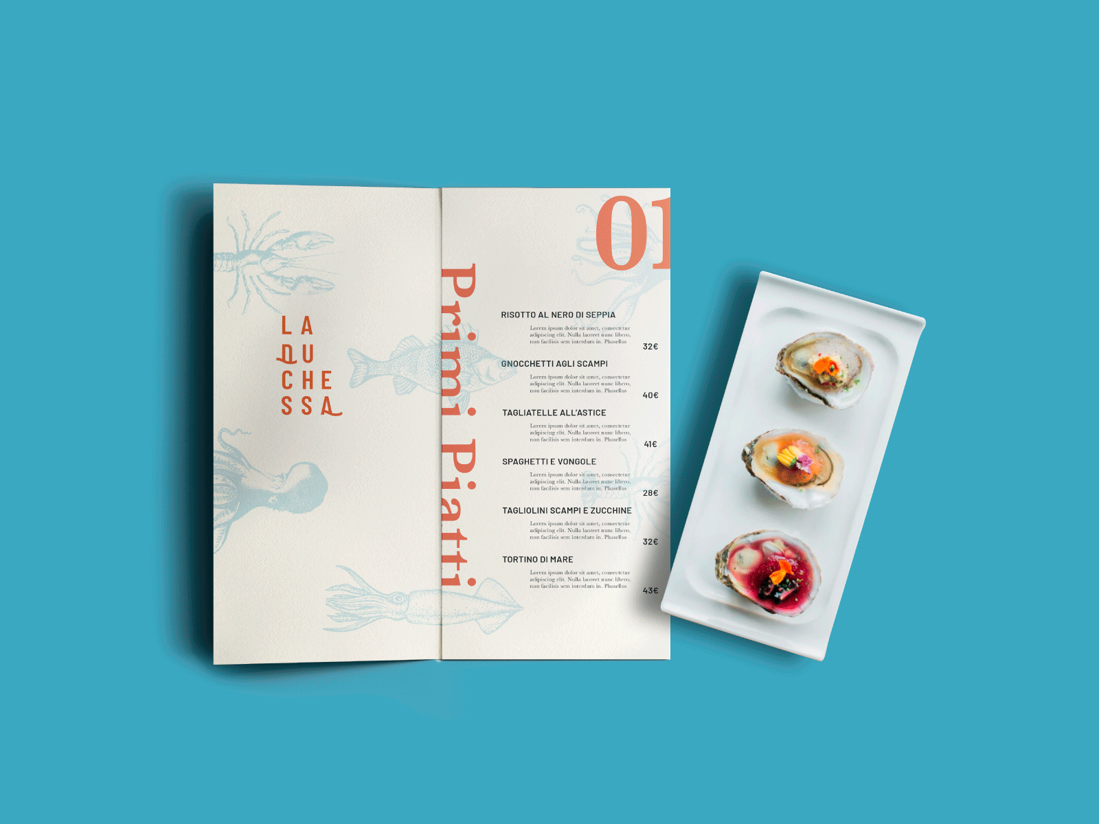 La Duchessa // Italian Seafood Restaurant blue brand branding branding design engrave fish food graphic design illustration logo mark menu menu design minimal octopus sea sea food vector
