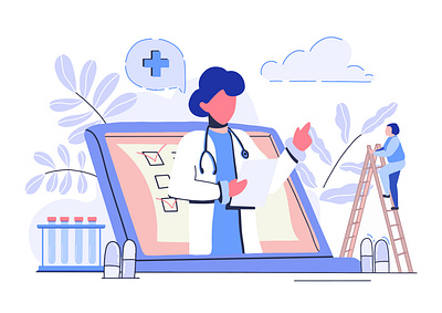 Concept in flat style.Online medical consultation with a doctor. concept people design website doctor flat flat design girl health treatment human humans internet clinic man medical concept medical consultation mini people people treatment via application