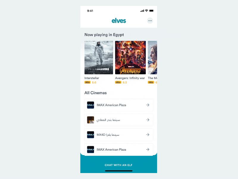 Elves Movie Tickets Flow animation app booking cinema clean design flinto flow interaction ios mobile app tickets ui ux