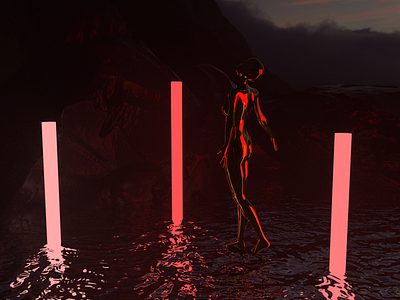 Walking on Water - Render #72 100days 3d abstract aesthetic arnold arnoldrender art c3d c4d cinema 4d concept design everyday gold maxon neon night render walking water