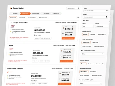 Tradeshipping Dashboard admin app billing booking cargo carrier delivery desktop finance freight interaction logistics on demand product design quote reports saas shipping ui ux