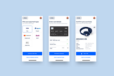 Checkout process - Arcana app branding checkout clean concept confirmation design headphones mobile payment paypal shipping ui uidesign ux visa