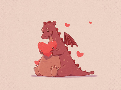 DRAGON IN LOVE character cute flat grain heart illustration love texture valentines vector vintage