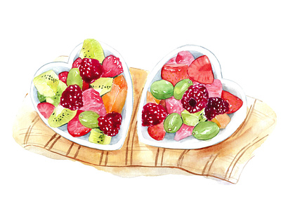 Dessert, watercolour, fruit, heart bowls fruit heart bowls watercolour