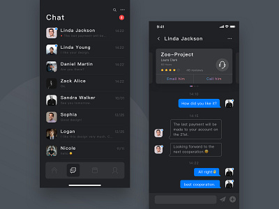 chat app bitcoin branding business card chat dark dark mode design list message money app money bag ui ux