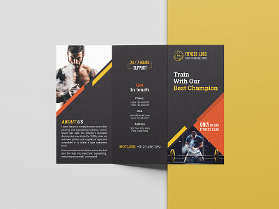 Fitness/Gym Tri-Fold Brochure Template 3 fold advertising black bodybuilder branding brochure brochure design creative fitness fitness brochure fitness club gym gym brochure handout leaflet shape body tri fold tri fold brochure yellow