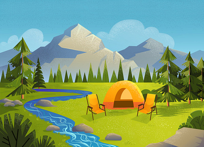 Camping illustration with mountains landscape. 2d adobe illustrator art background camping cartoon design dots flat flat design flat style illustrator landscape spring summer textured trendy vector