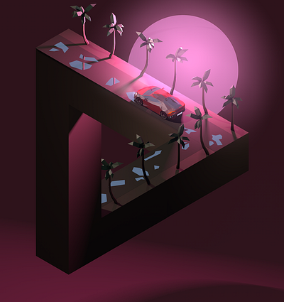 The impossible triangle 3d 3dillustration 3dmodeling cinema4d diorama illustration impossible triangle isometric isometricart lowpoly lowpolyart pink renders sportcar vibe