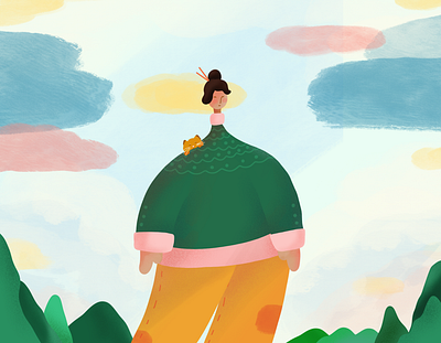 painted sky 2d cat clouds colours daily doodle forest giant girl illustration illustrator minimal sky vector
