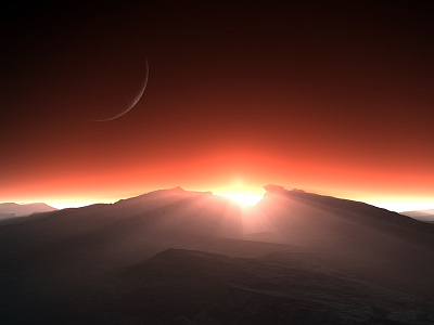 The Time We First Met 3dart celestial digitalart exoplanet fantasy fantasyart fractal isosurface mojoworld moon procedural scifi scifiart space spaceart spacescape sunrays sunrise sunset volumetrics