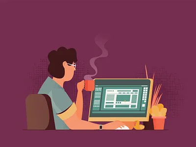 Working process computer design flat illustration man office vector working
