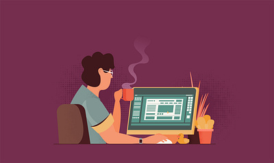 Working process computer design flat illustration man office vector working