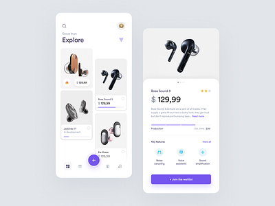 Group Buy App app application blue cards clean concept design figma ios iphone minimal mobile app product product page purple store swipe technology ui ux