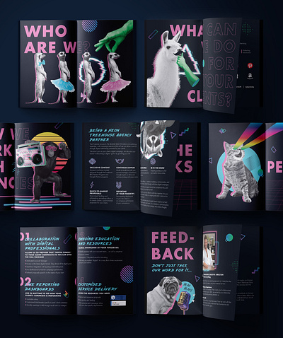 Neon Treehouse Partner Brochure | 2 adobe illustrator adobe photoshop animals bold brochure collage corporate editorial graphic design layout neon print psychedelic retouch retrowave typography