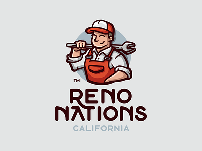 Renonations branding character design diy fix handyman hat illustration logo logotype mark mascot typo typohraphy wordmark worker wrench