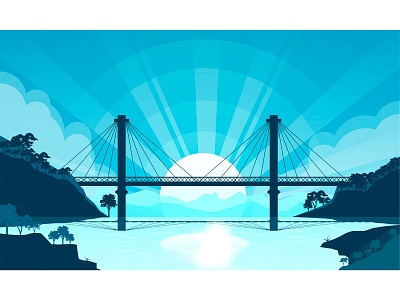 Cable bridge artwork blue blue sky bridge cable bridge clean design design art hil illustraion illustration art sky tree